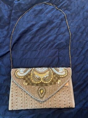 Francesca's Collections Gold & Beige Beaded Evening Clutch with Chain